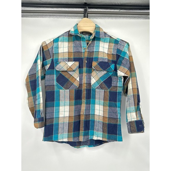 Vintage Private Property Flannel Shirt Mens M Blue Green Plaid Button Up Thick - Picture 1 of 15